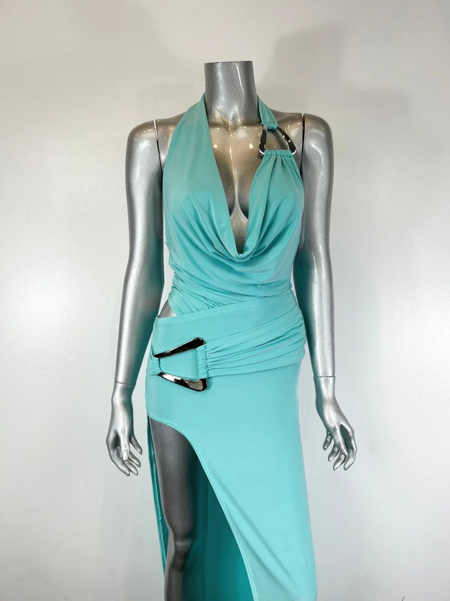 Ensemble Body Jupe Longue Aqua Col Licou – Fraîcheur Chic - Oléna-Fashion