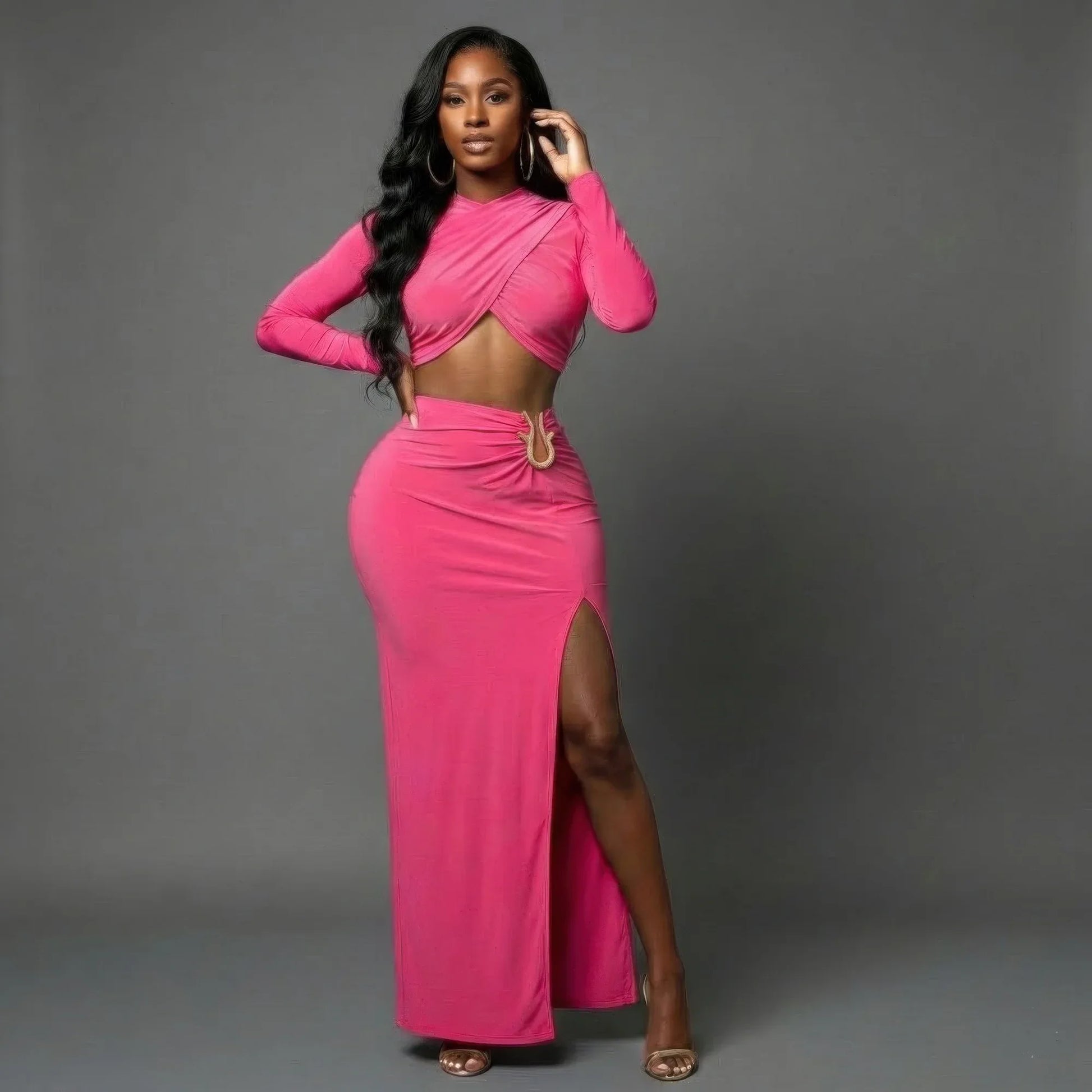 Ensemble Jupe Maxi Rose Fendue – Charme Soirée 2 Pièces - Oléna-Fashion