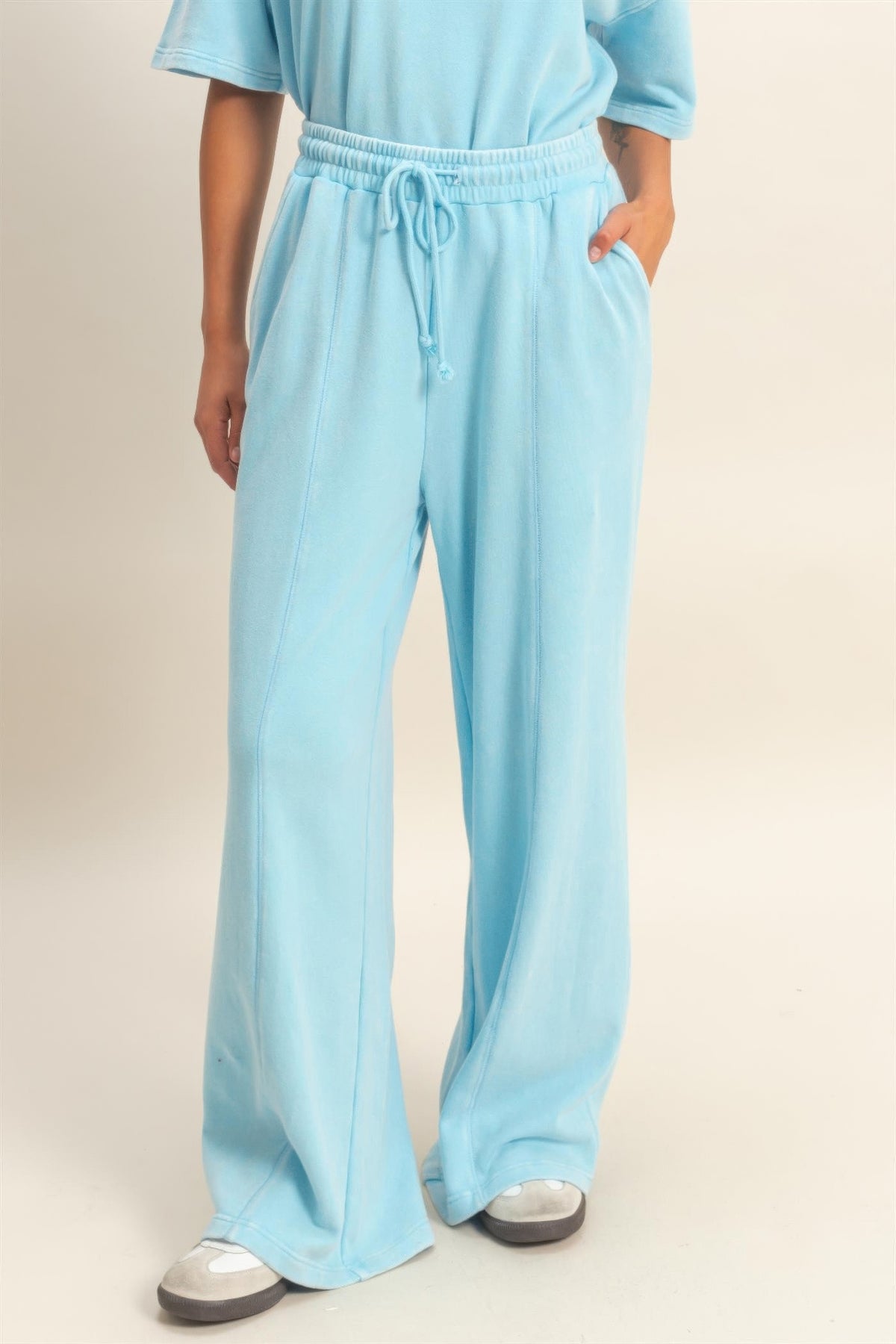 Pantalon large femme en molleton bleu clair, taille haute élastique avec cordon