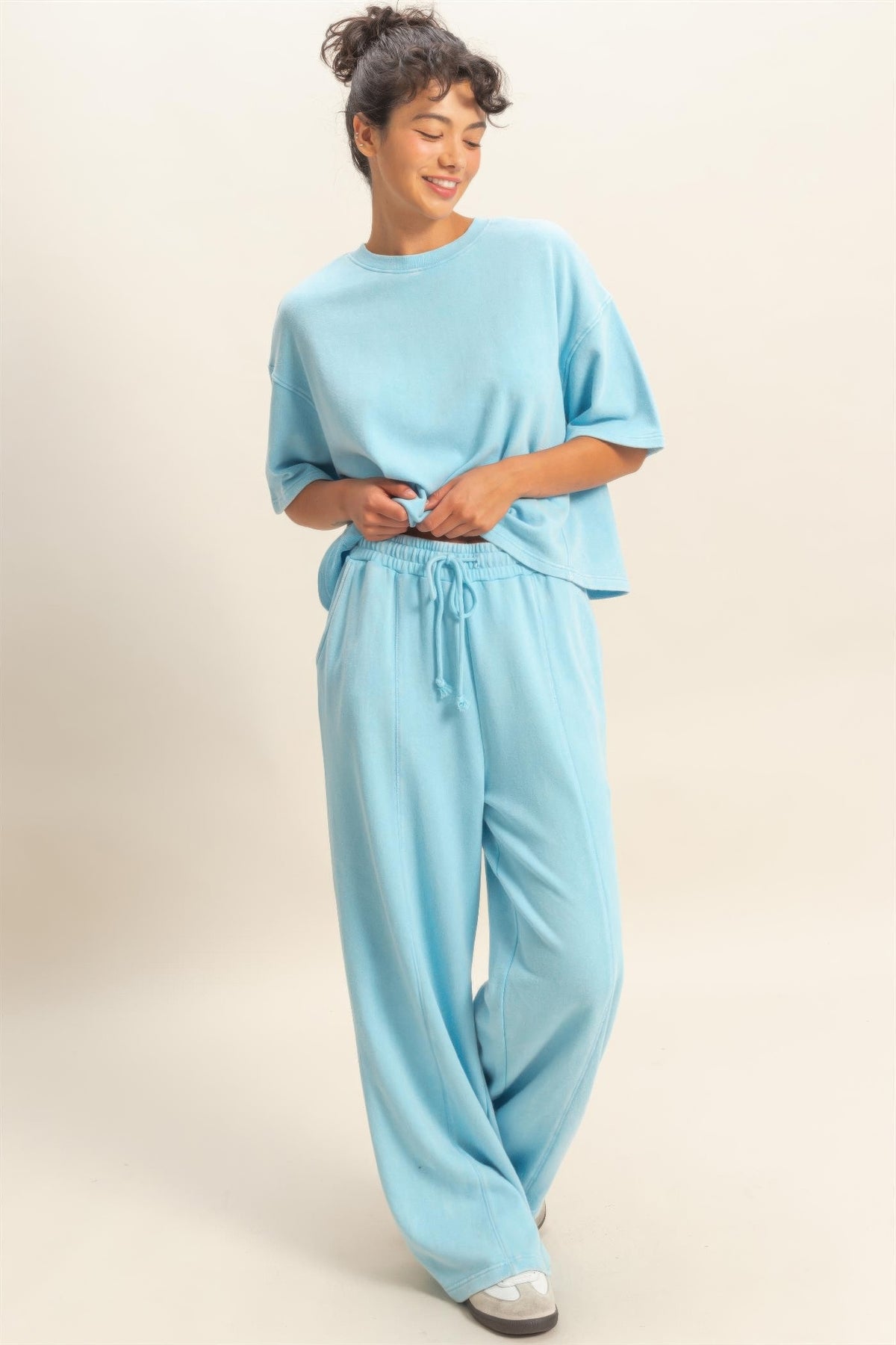 Pantalon large femme bleu clair, taille haute à cordon, jambes amples et fluides