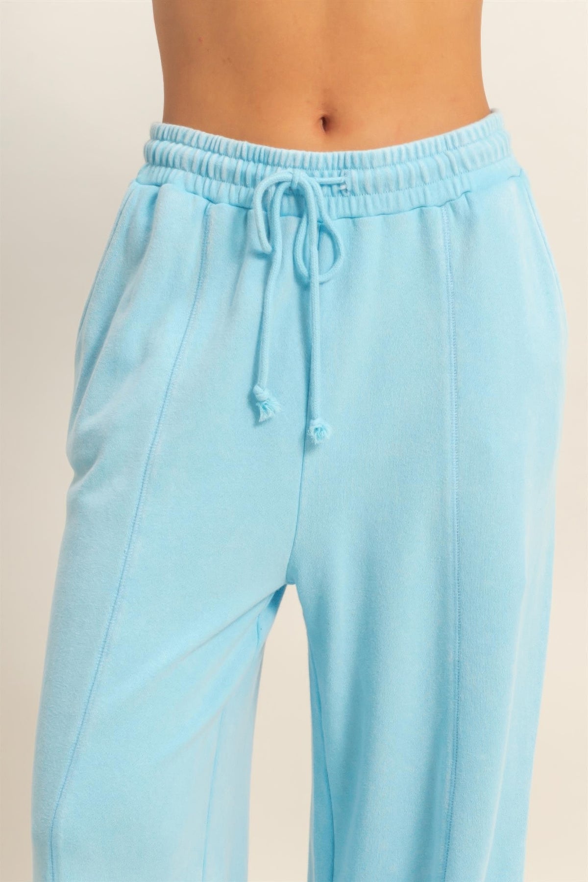 Pantalon large femme bleu clair, taille haute élastique et cordon à nouer