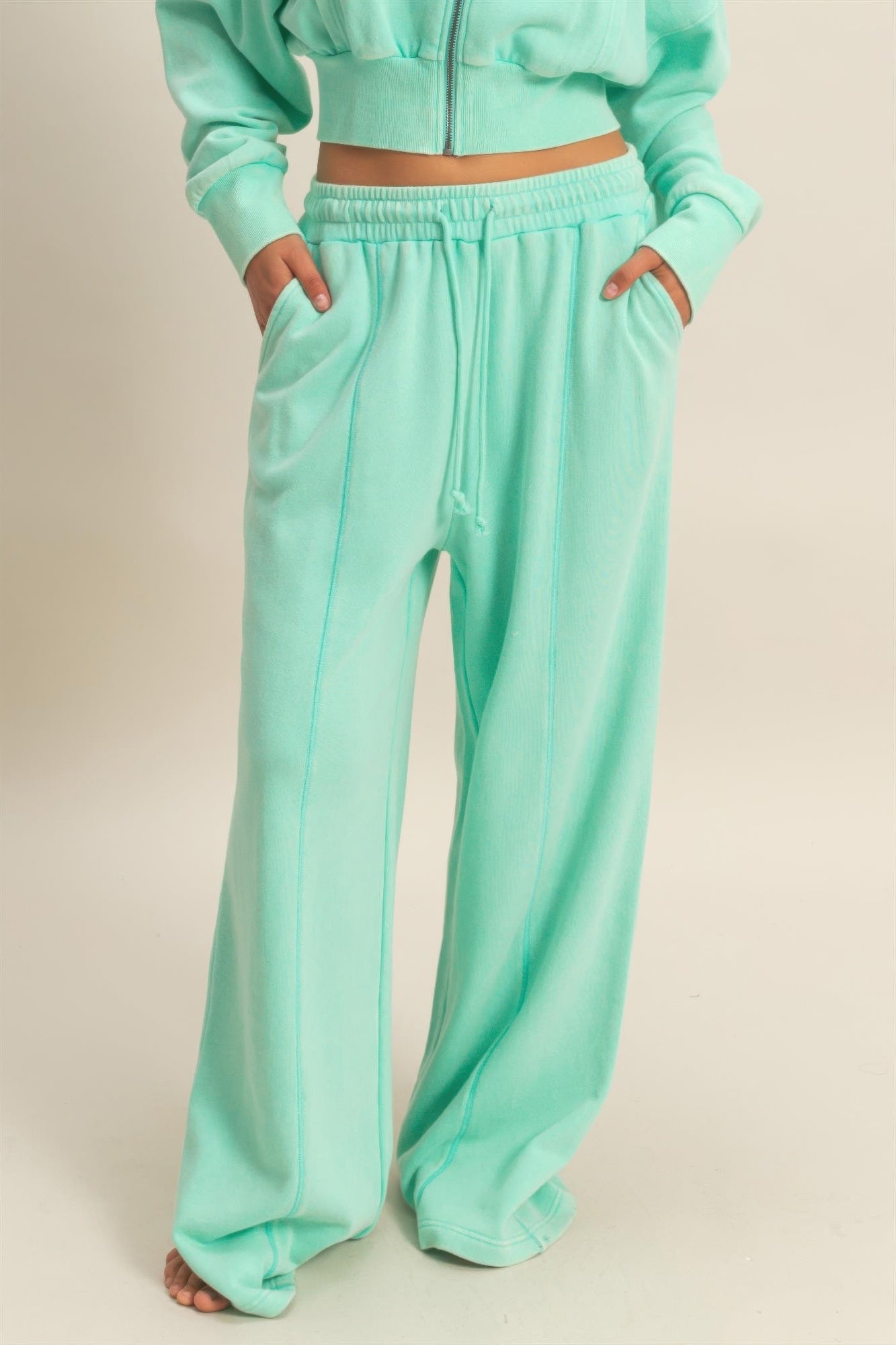 Pantalon large aqua en molleton, taille haute élastique et cordon de serrage