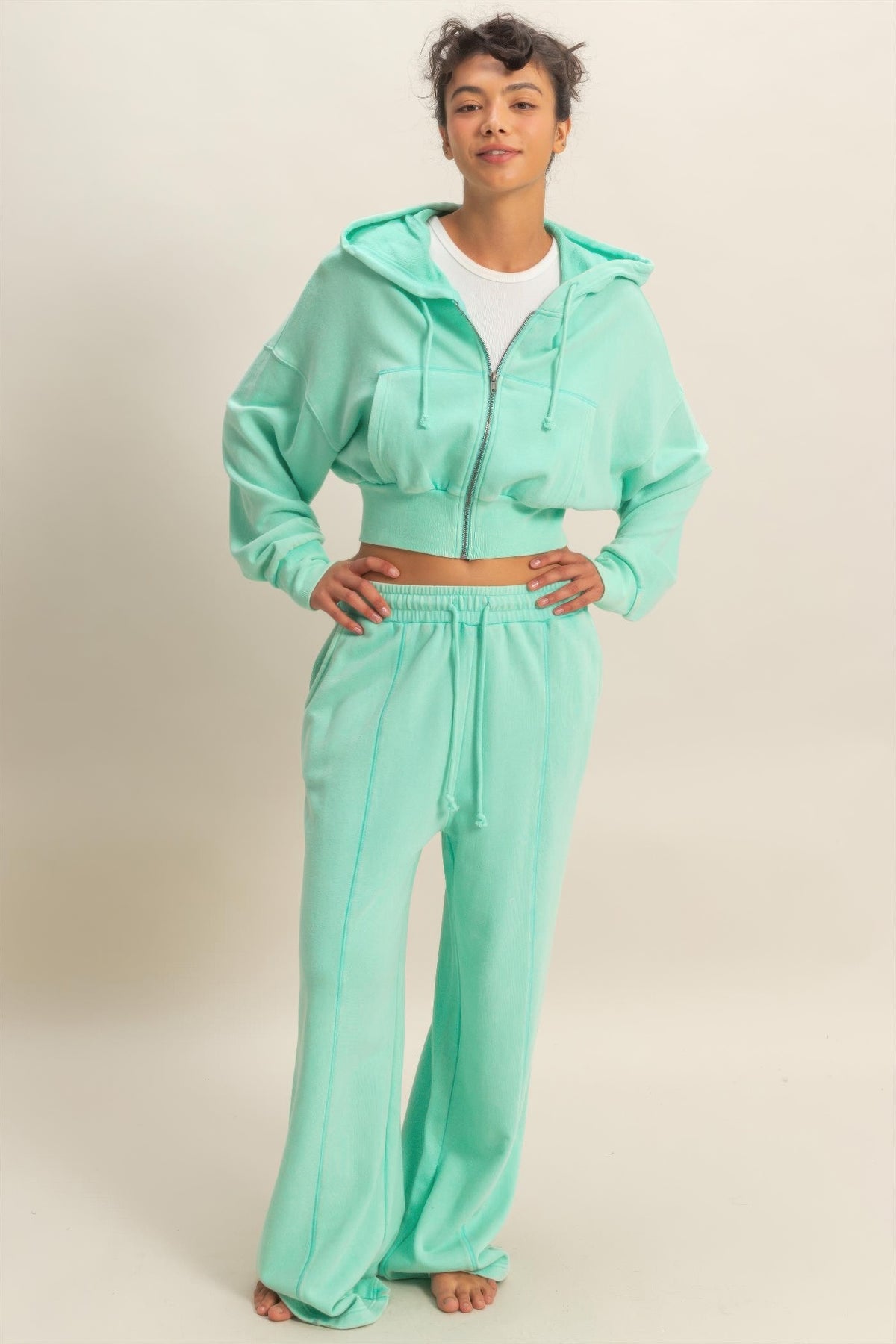 Pantalon large aqua en molleton, taille haute élastique, jambes amples