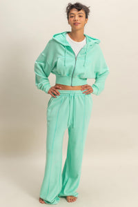 Pantalon large aqua en molleton, taille haute élastique, jambes amples