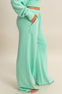 Pantalon large aqua en molleton, taille haute élastique, cordon visible