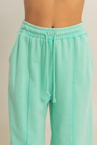 Pantalon large aqua en molleton, taille haute élastique, couture arrière