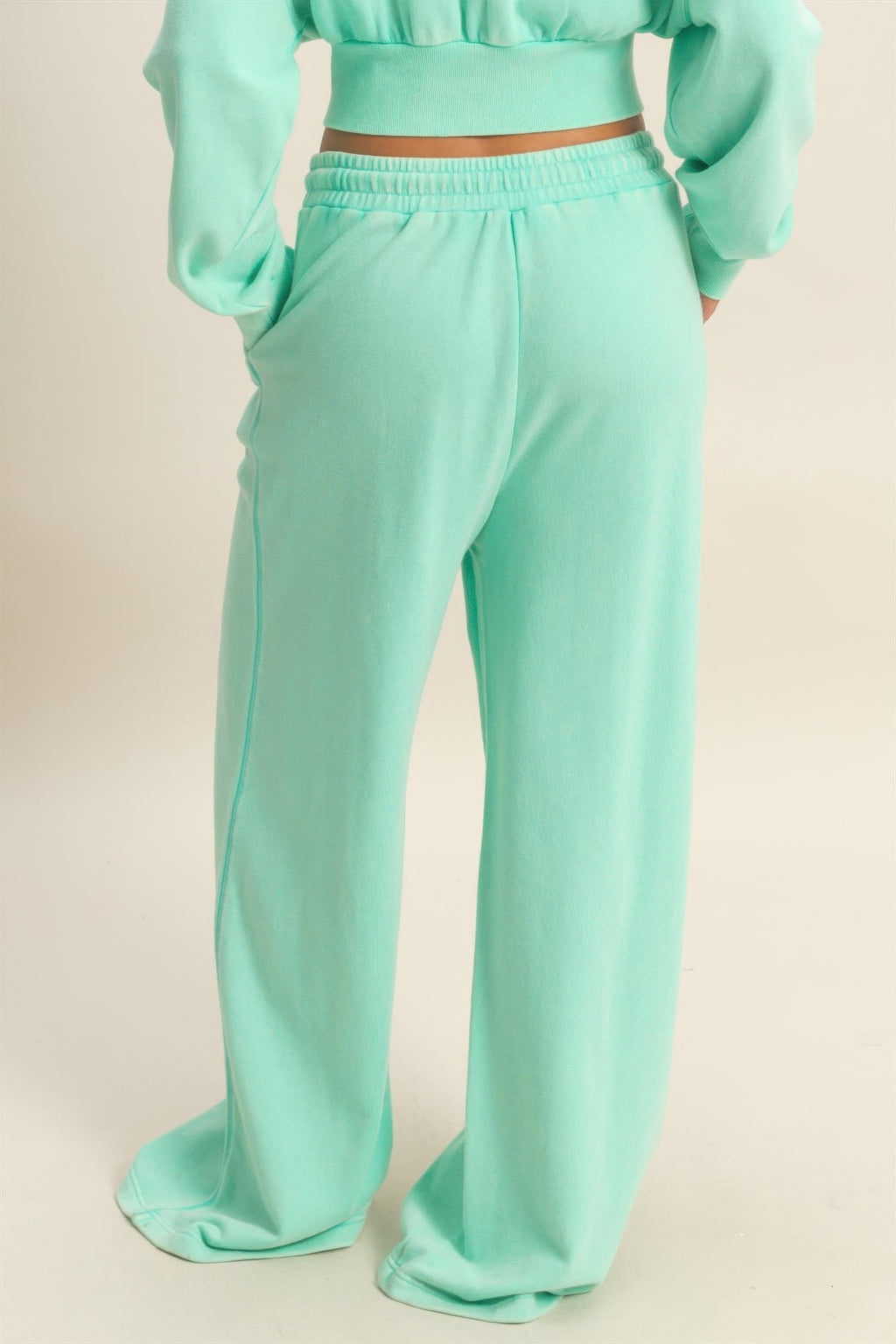 Pantalon large aqua en molleton, taille haute élastique, jambes droites amples