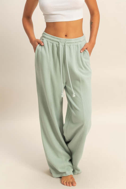 Pantalon large vert sauge en molleton, taille haute élastique et cordon