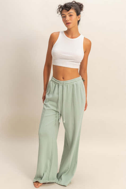 Pantalon large vert sauge en molleton, jambe ample, taille haute élastique