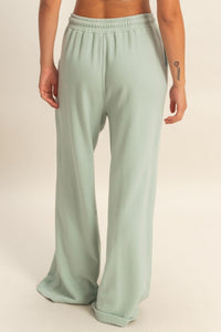 Pantalon large vert sauge en molleton, taille haute élastique, cordon