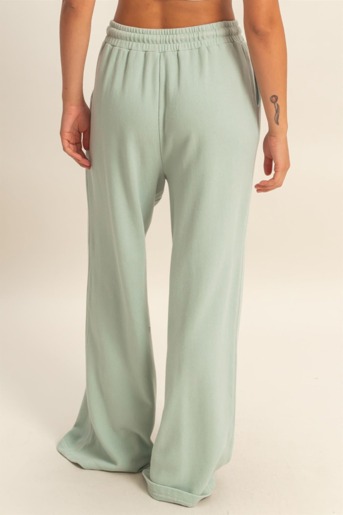 Pantalon large vert sauge en molleton, taille haute élastique, cordon