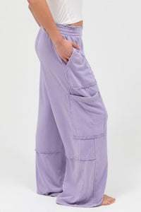 Pantalon cargo large taille haute délavé minéral lilas, grande poche cargo sur la jambe