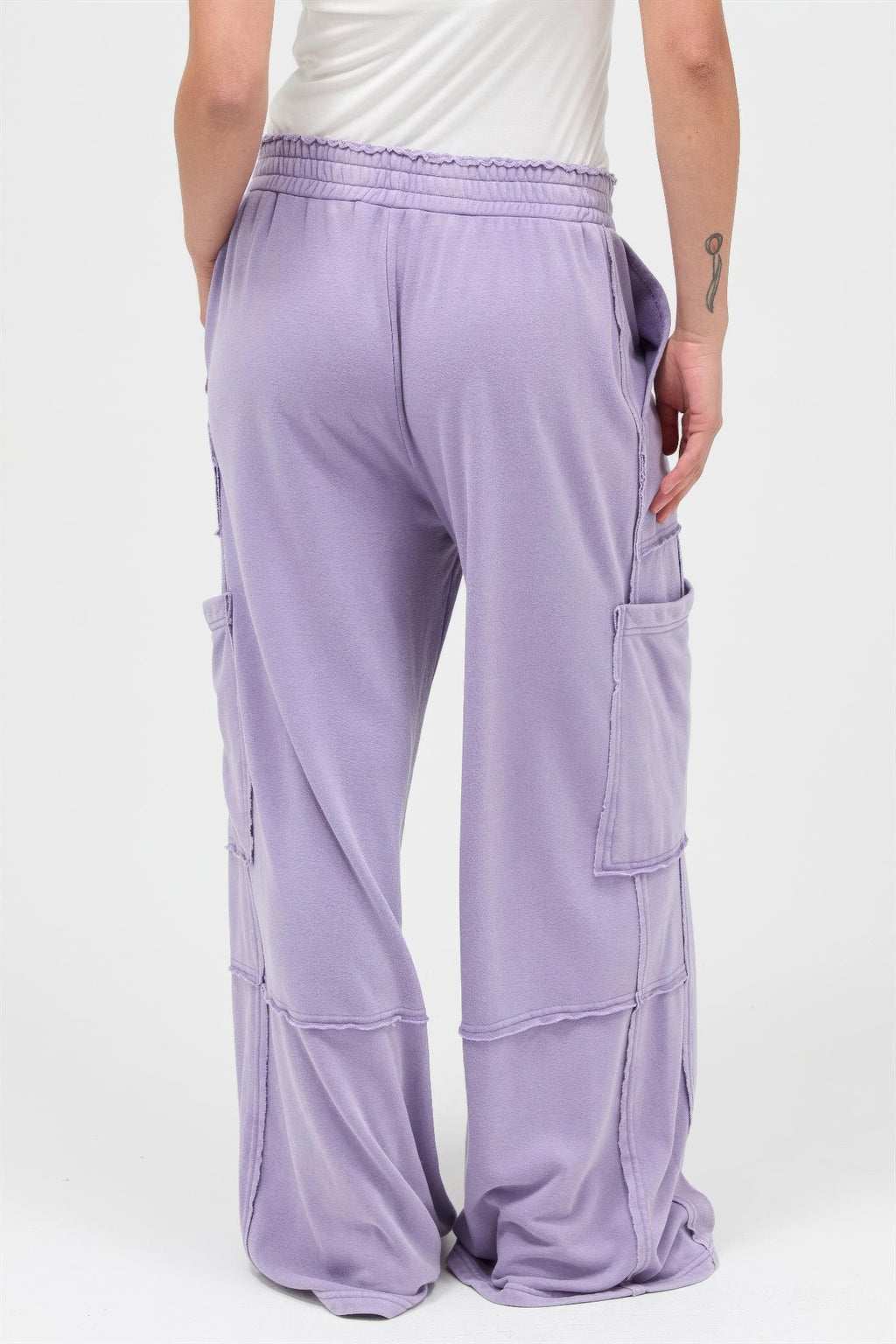 Pantalon cargo large taille haute délavé minéral lilas, poches plaquées sur les côtés