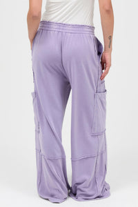 Pantalon cargo large taille haute délavé minéral lilas, poches plaquées sur les côtés