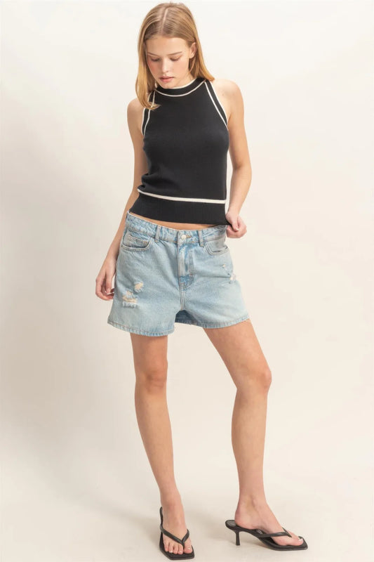 Débardeur Femme Côtelé Finitions Contrastées - Maille Stretch - Oléna-Fashion