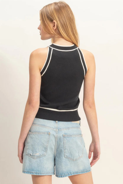 Débardeur Femme Côtelé Finitions Contrastées - Maille Stretch - Oléna-Fashion