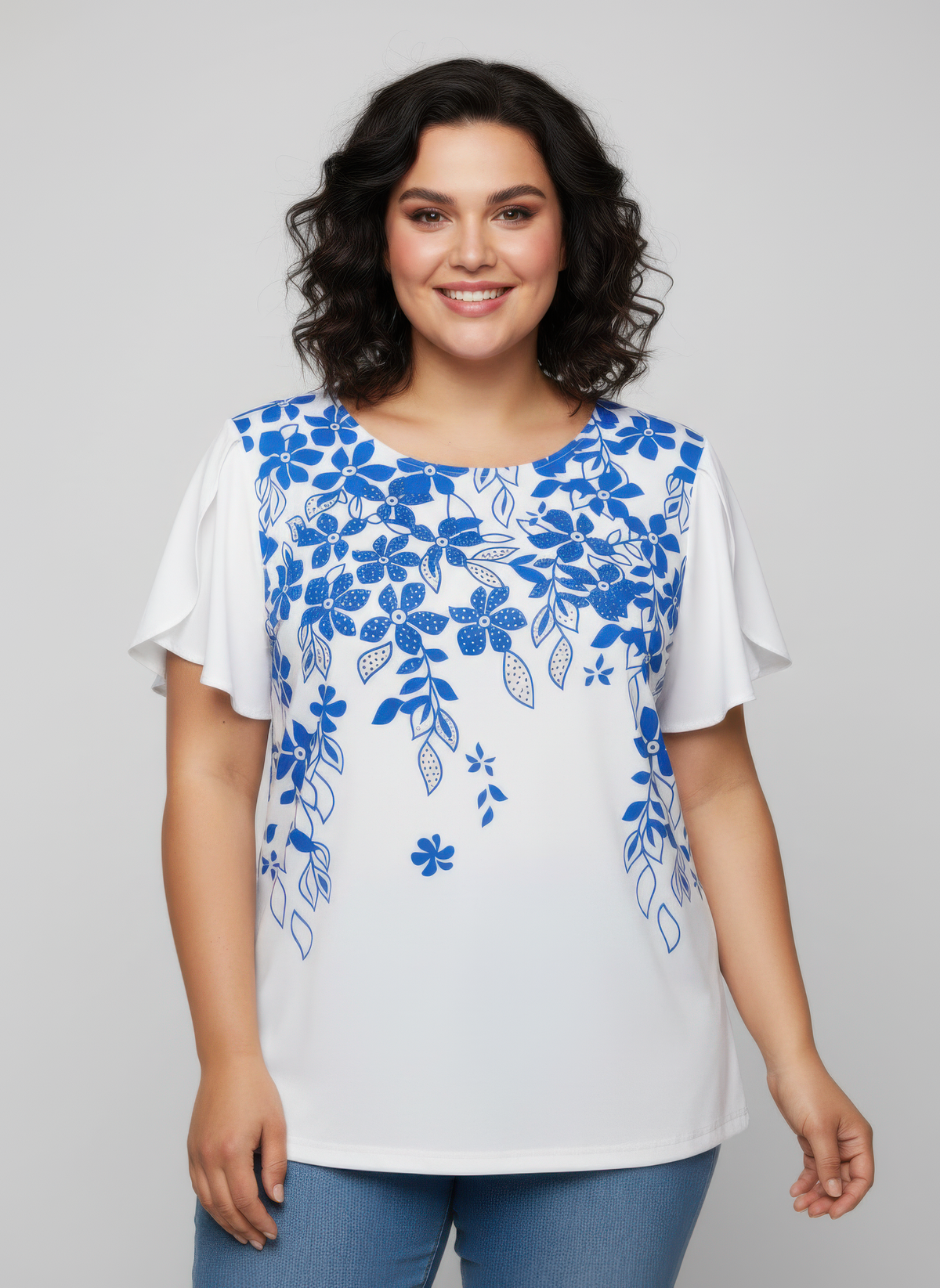Haut femme blanc imprimé floral bleu, manches volantées, col rond