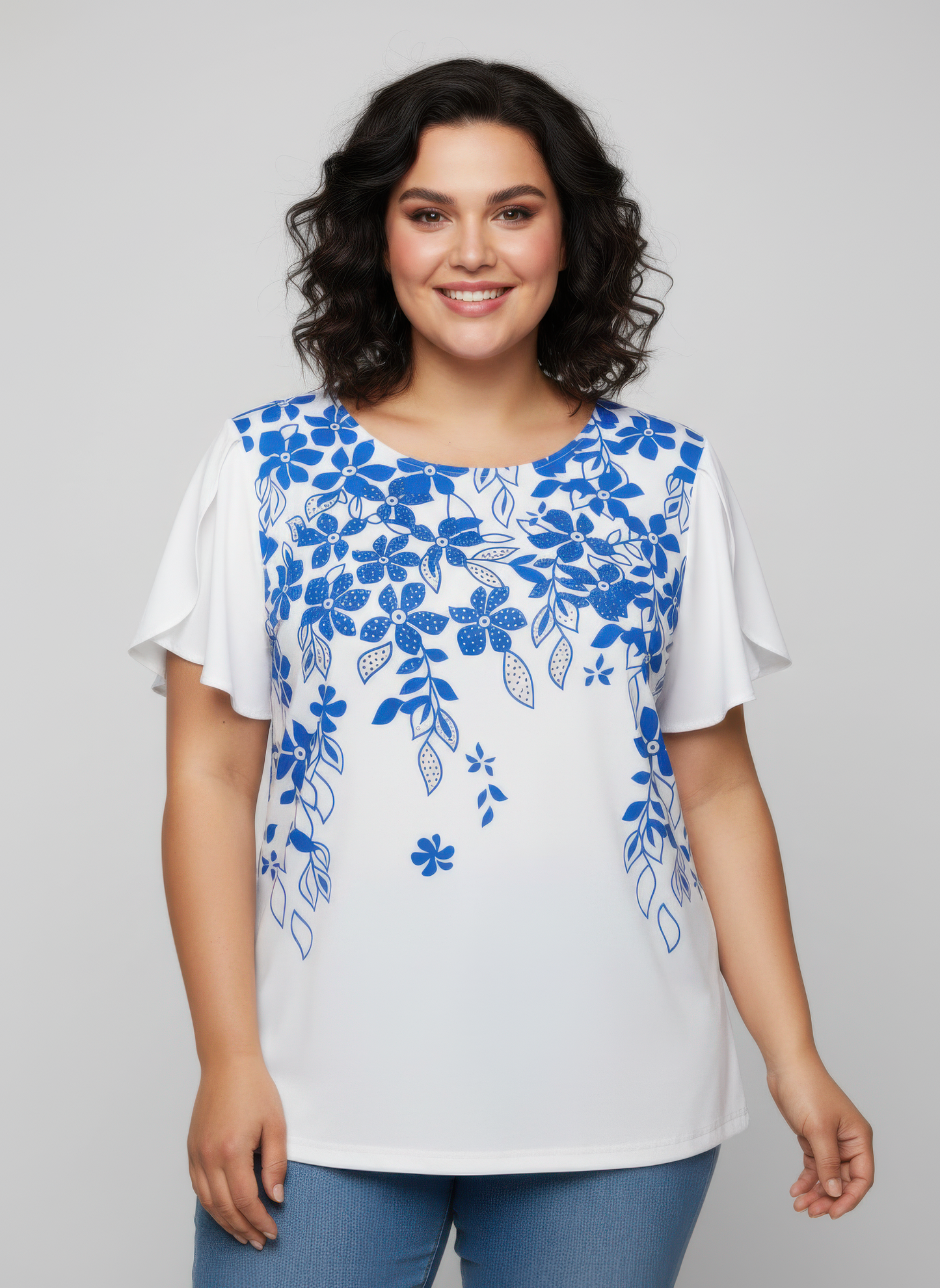 Haut femme blanc imprimé floral bleu, manches volantées, col rond