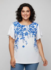 Haut femme blanc imprimé floral bleu, manches volantées, col rond