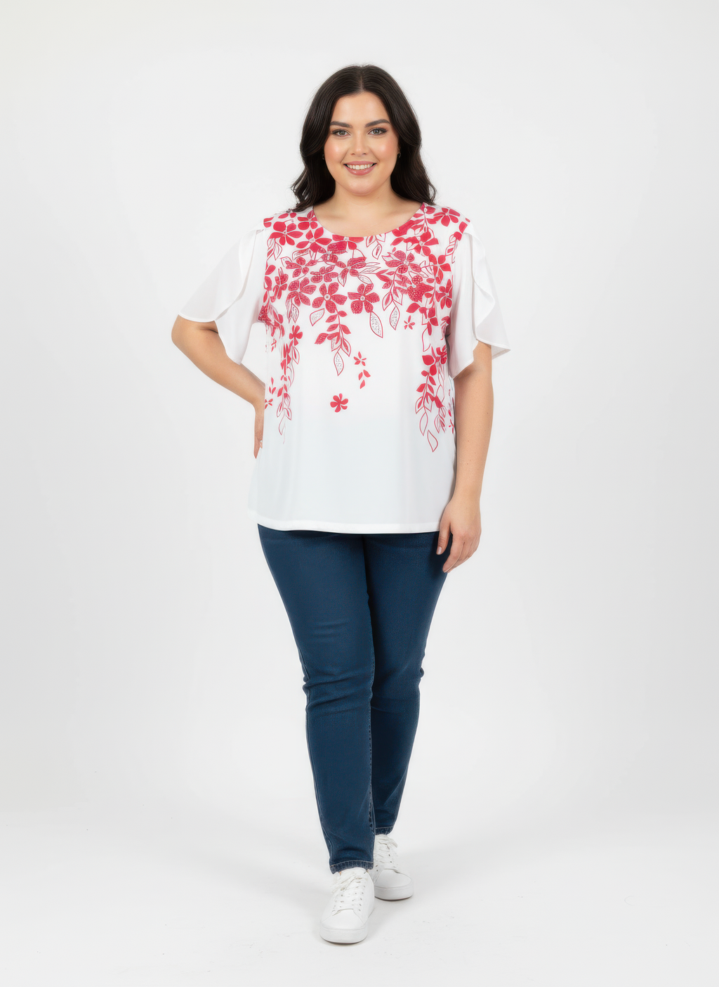 Haut femme blanc imprimé floral rouge, manches volantées, coupe ample