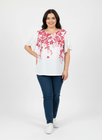 Haut femme blanc imprimé floral rouge, manches volantées, coupe ample