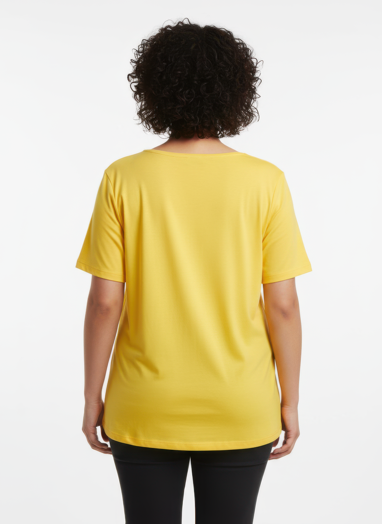 Haut en maille jaune, dos uni, manches courtes.