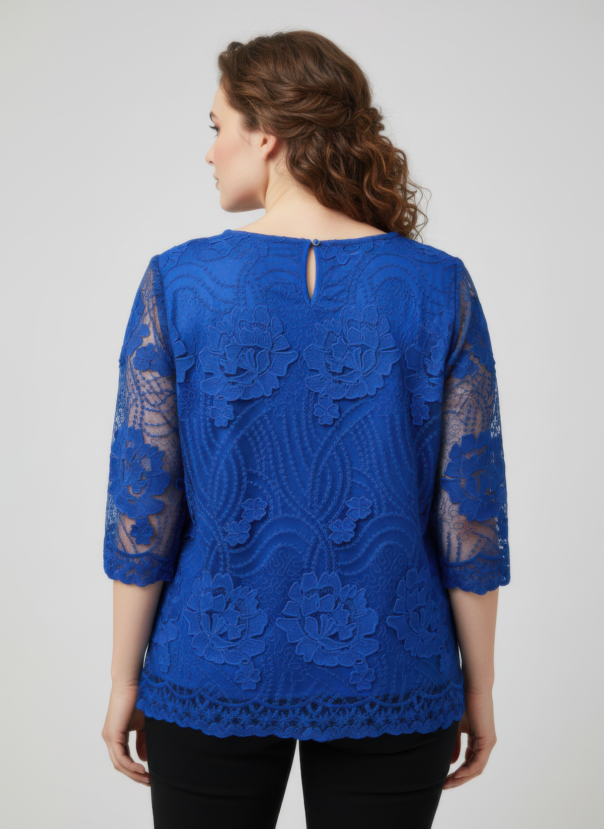 Haut dentelle florale femme bleu, vue arrière, manches 3/4, dos à motif
