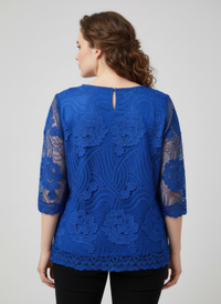 Haut dentelle florale femme bleu, vue arrière, manches 3/4, dos à motif