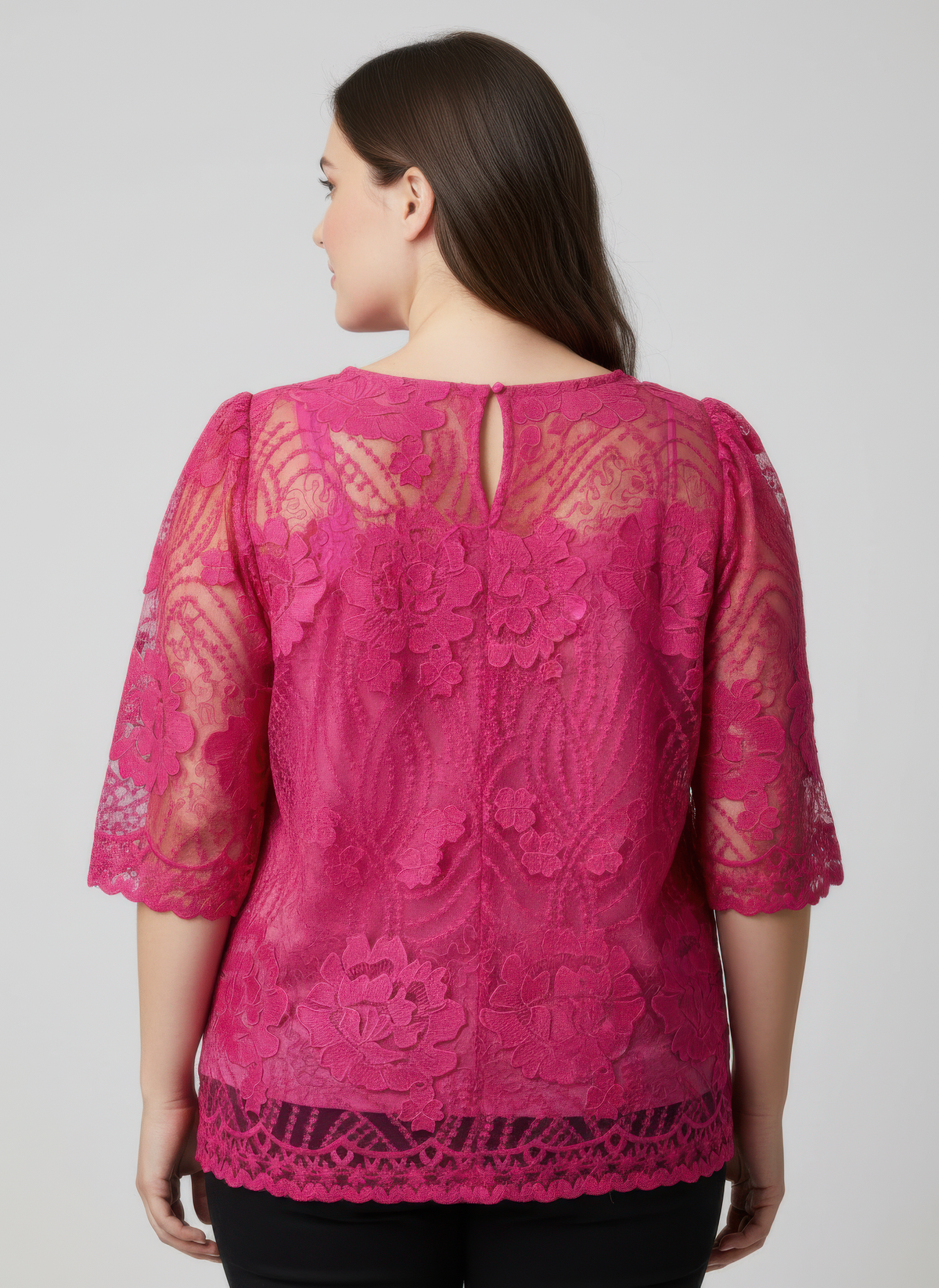 Haut dentelle florale femme rose, vue arrière, manches 3/4, dos ajouré