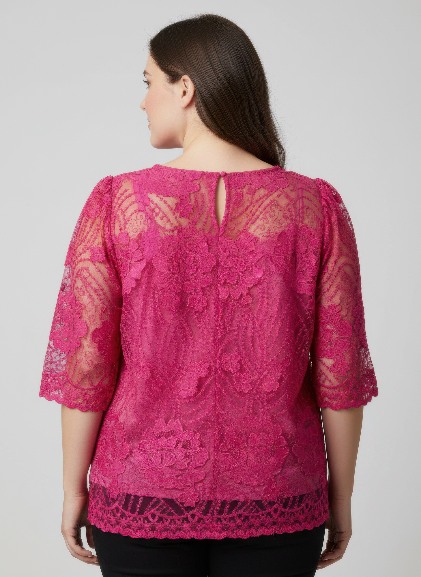 Haut dentelle florale femme rose, vue arrière, manches 3/4, dos ajouré