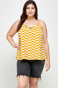 Haut débardeur femme jaune à motif chevrons géométriques, encolure carrée
