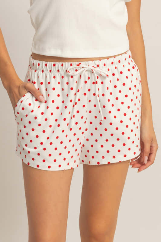 Short femme blanc à pois rouges, taille élastique et cordon de serrage