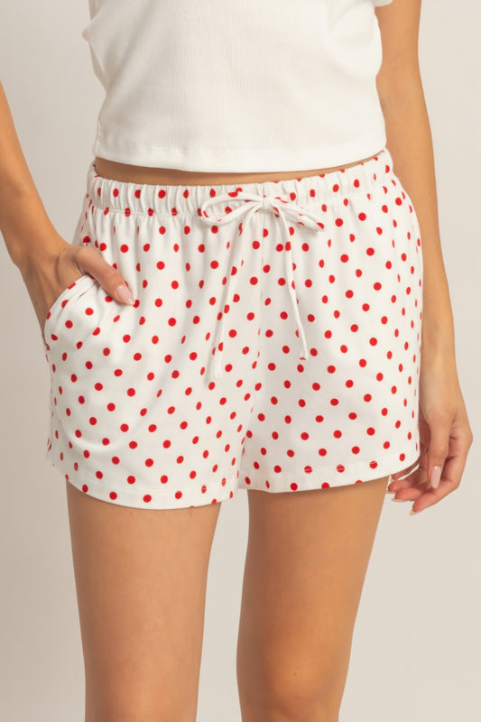 Short femme blanc à pois rouges, taille élastique et cordon de serrage