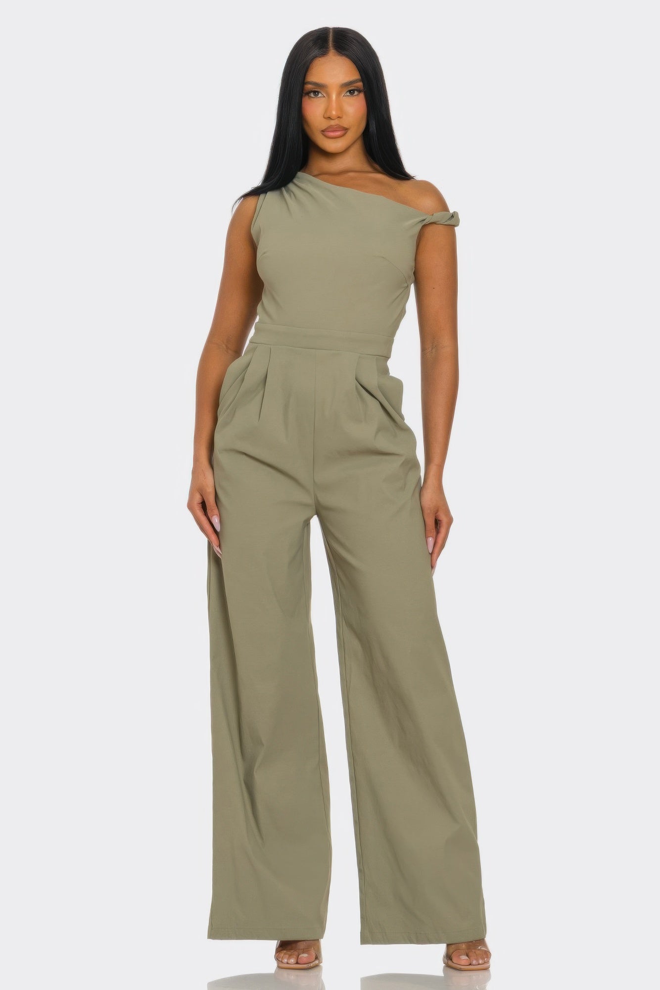 Combinaison femme une épaule kaki foncé, jambes larges, taille froncée