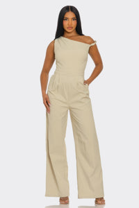 Combinaison femme une épaule beige, jambes larges, coupe ample