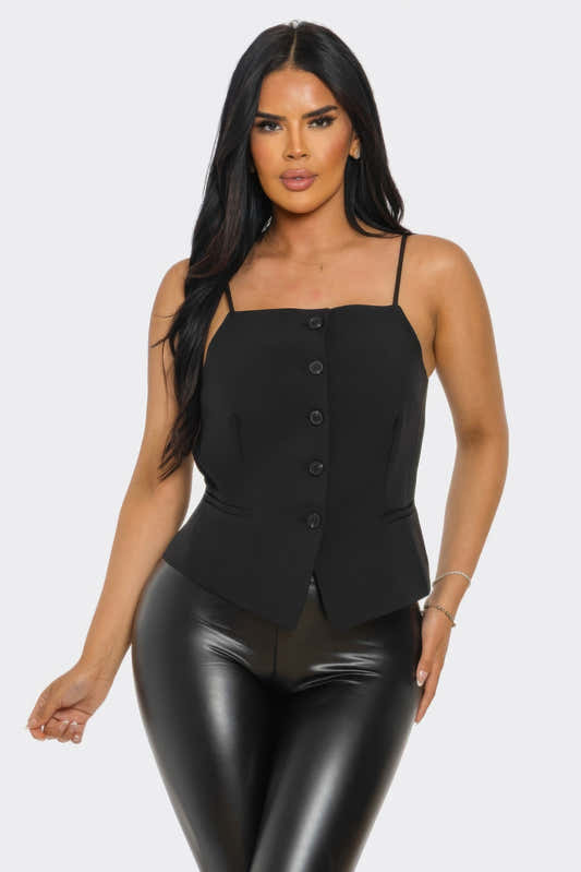 Haut corset noir à bretelles fines, boutonnage devant, forme ceinturée