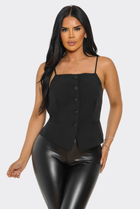 Haut corset noir à bretelles fines, boutonnage devant, forme ceinturée