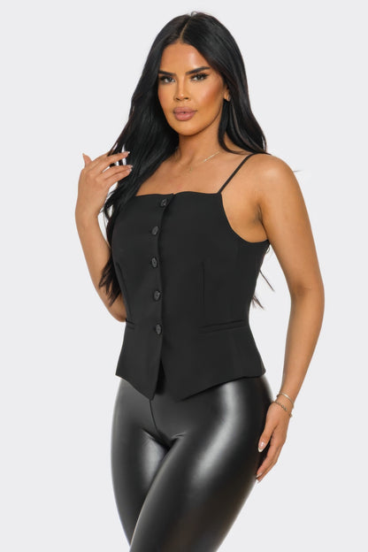 Haut corset noir à bretelles fines, boutonnage devant et pan structuré
