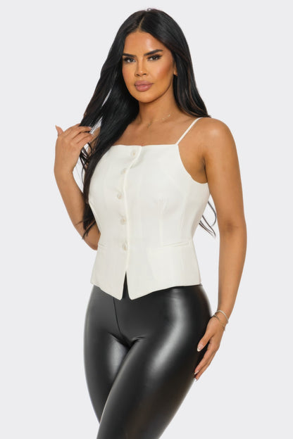 Haut corset blanc cassé à bretelles fines, boutonnage devant, tenue ajustée