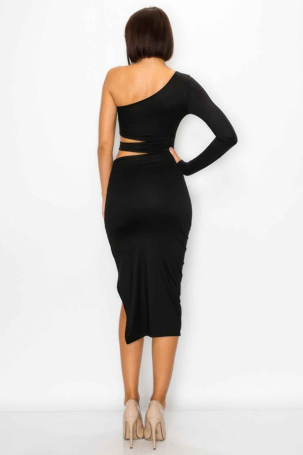 Robe midi noire au dos nu partiel, découpe taille, fente latérale, manches longues