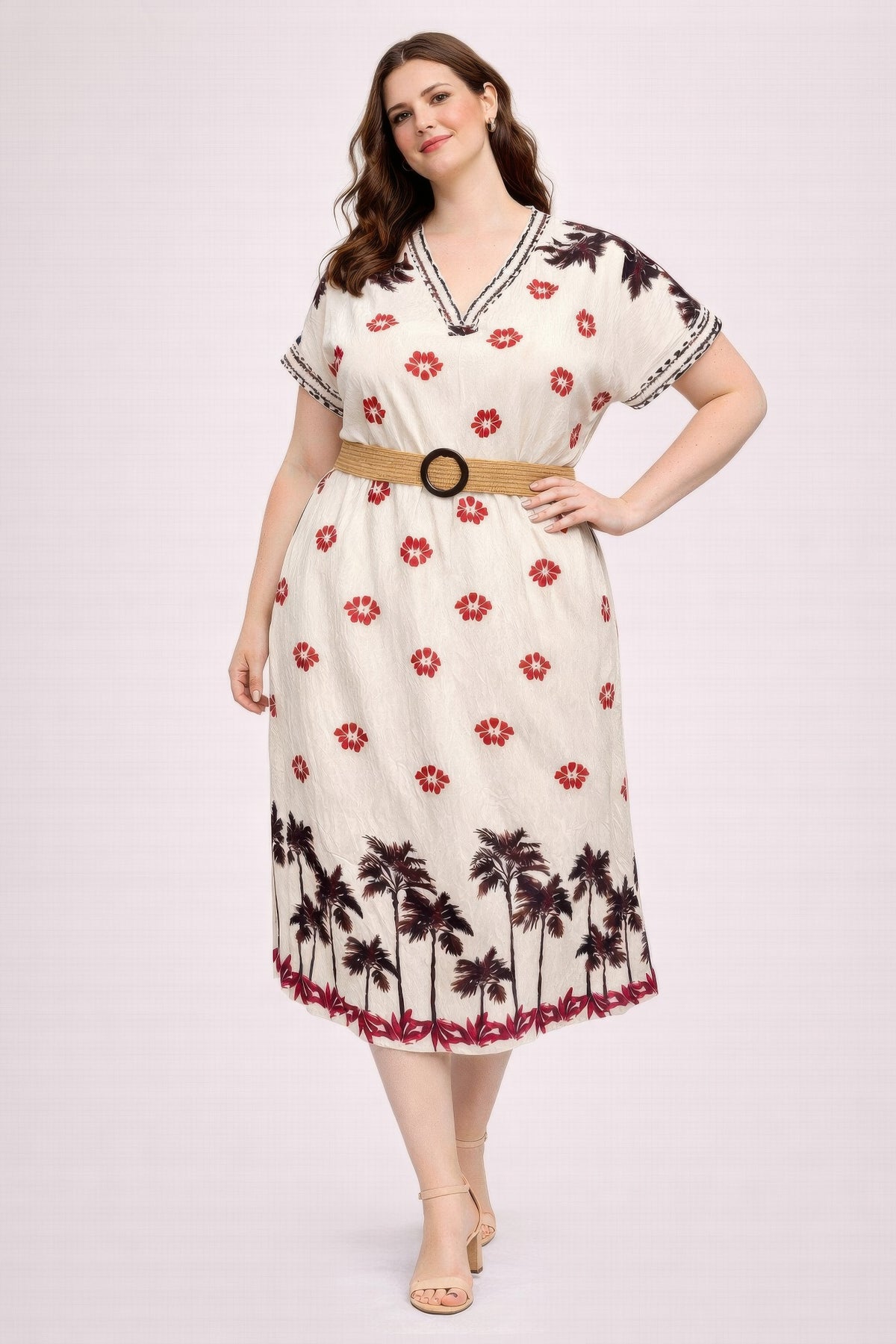 Robe midi grande taille à imprimé tropical, col V, ceinture, fleurs rouges et palmiers