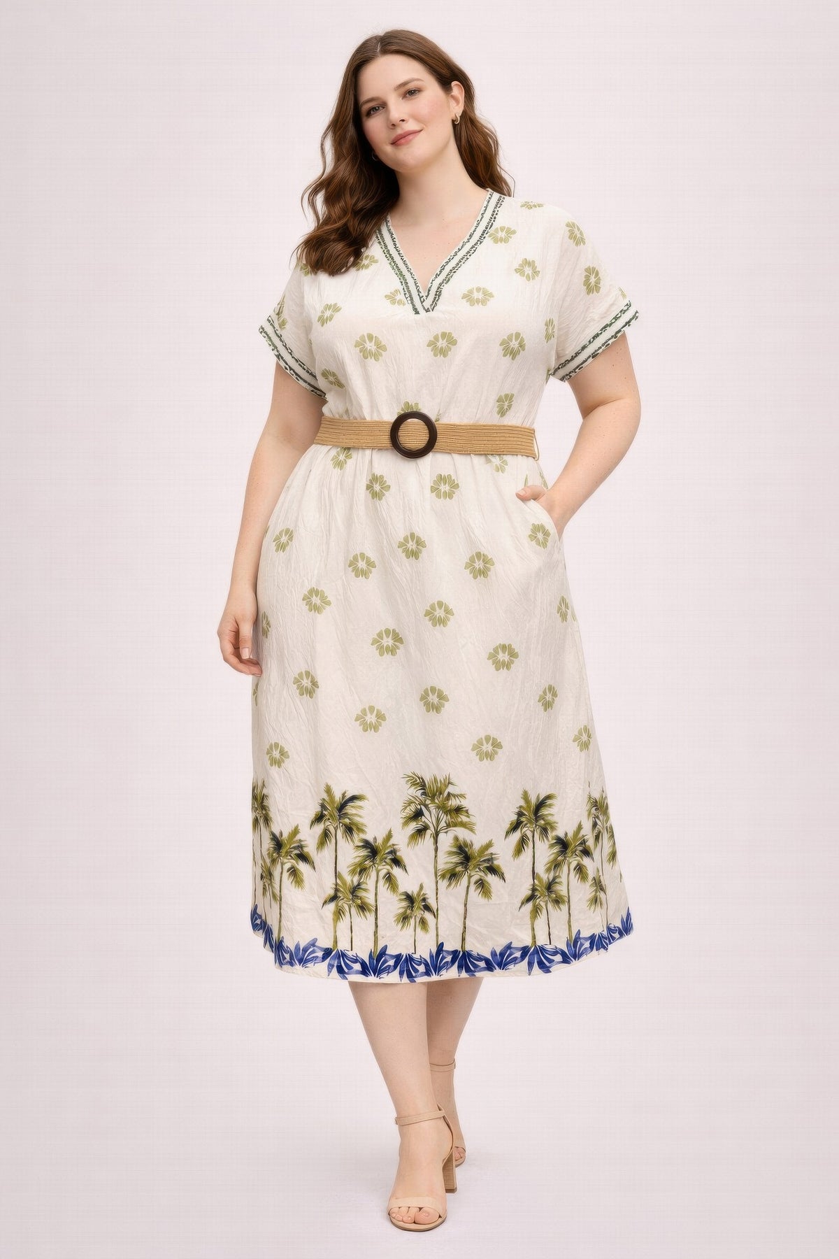 Robe midi grande taille à imprimé tropical, col V, ceinture, manches courtes, vert