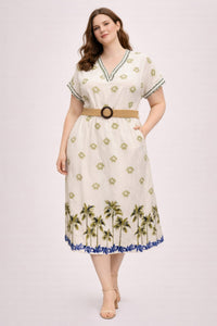 Robe midi grande taille à imprimé tropical, col V, ceinture, manches courtes, vert