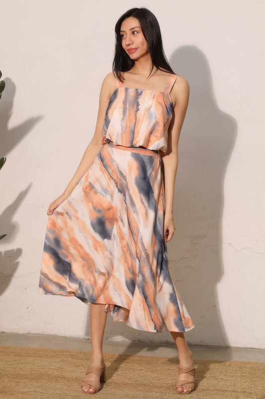 Jupe midi tie-dye femme swing - vue silhouette dos tons pêche et gris