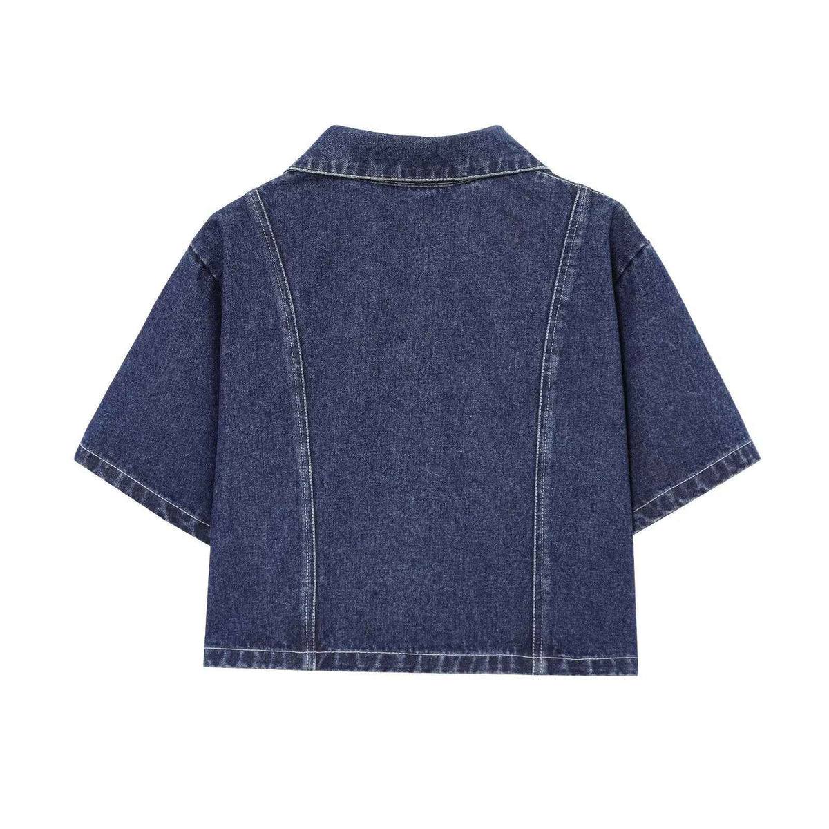 Veste en jean bleu foncé, dos droit avec couture centrale et empiècements