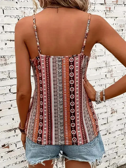 Camisole imprimée au dos, bretelles croisées, motif marron et blanc.