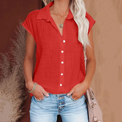 Chemisier ample femme en coton lin, manches courtes, rouge, col chemise boutonné.