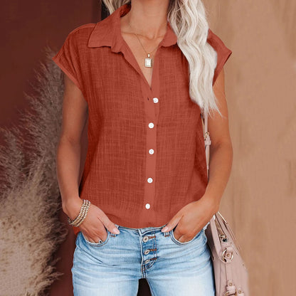 Chemisier ample manches courtes en coton lin rouille, encolure boutonnée, style décontracté