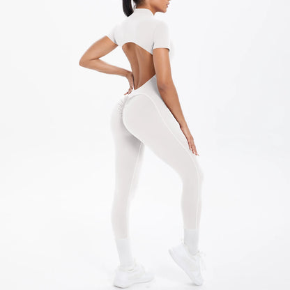Combinaison de sport femme blanche, dos ouvert en U, manches courtes, jambes longues