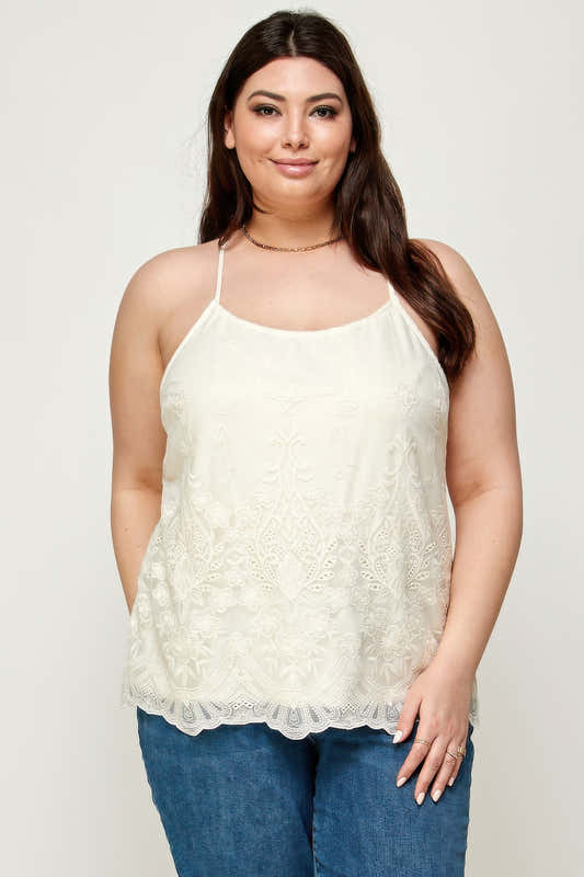 Débardeur grande taille blanc cassé à broderie, encolure nageur, ourlet dentelle